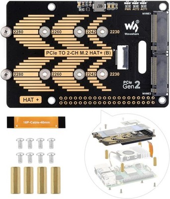 M.2 HAT Adapter PCIe 2-CH Kompatibel mit Raspberry Pi 5 NVMe 2280-2230 SSD