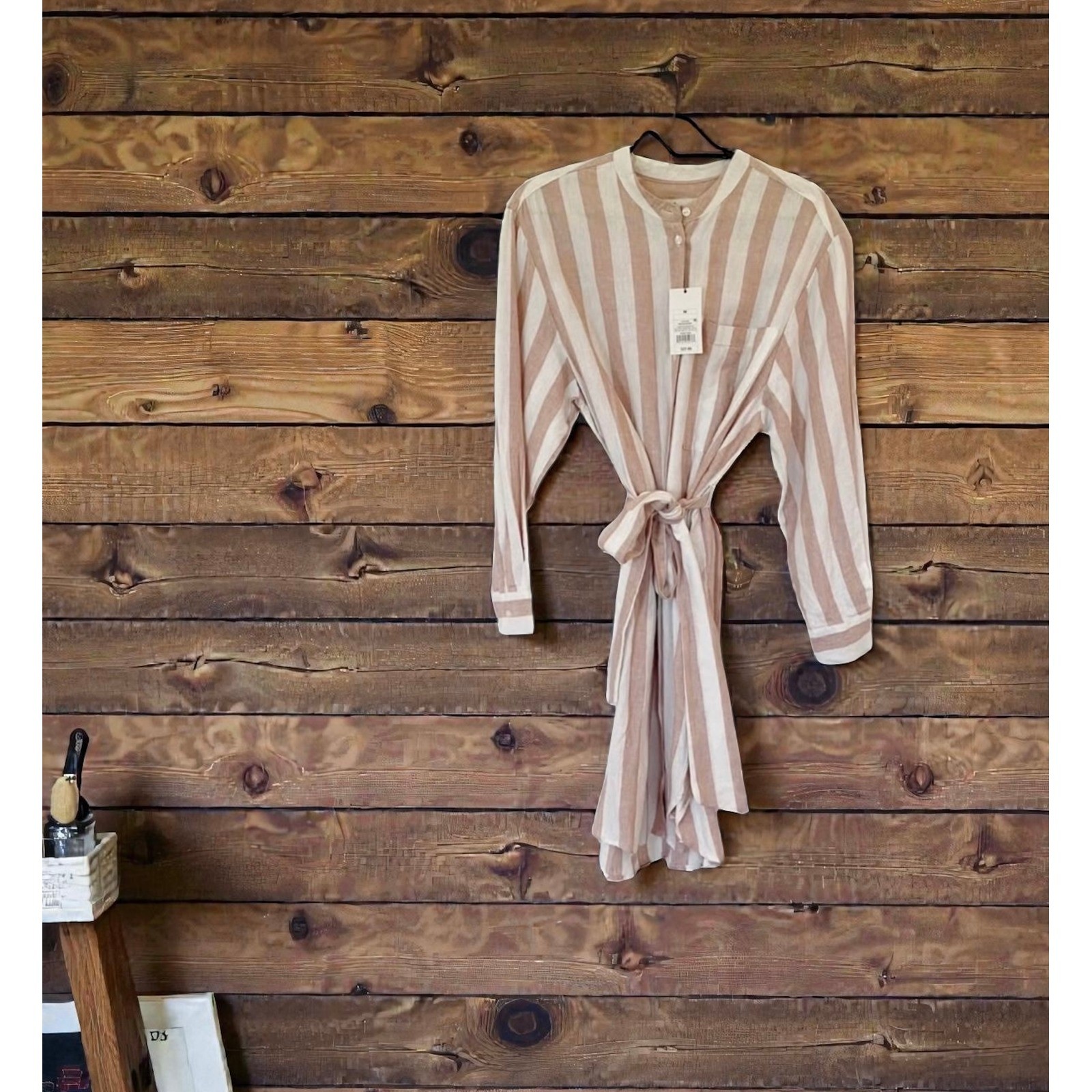 NWT A New Day Striped Linen Blend Button Front Shirt Dress Beige White XXL