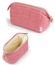 - Aesthetic Quilted Makeup Bag for Women, Muted Rose, Puffy Padded Cute Makeup