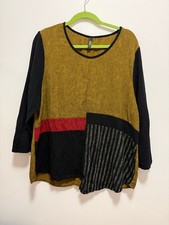 KHANGURA Linen/rayon colorblock top XL 3/4-length sleeves black brown red accent