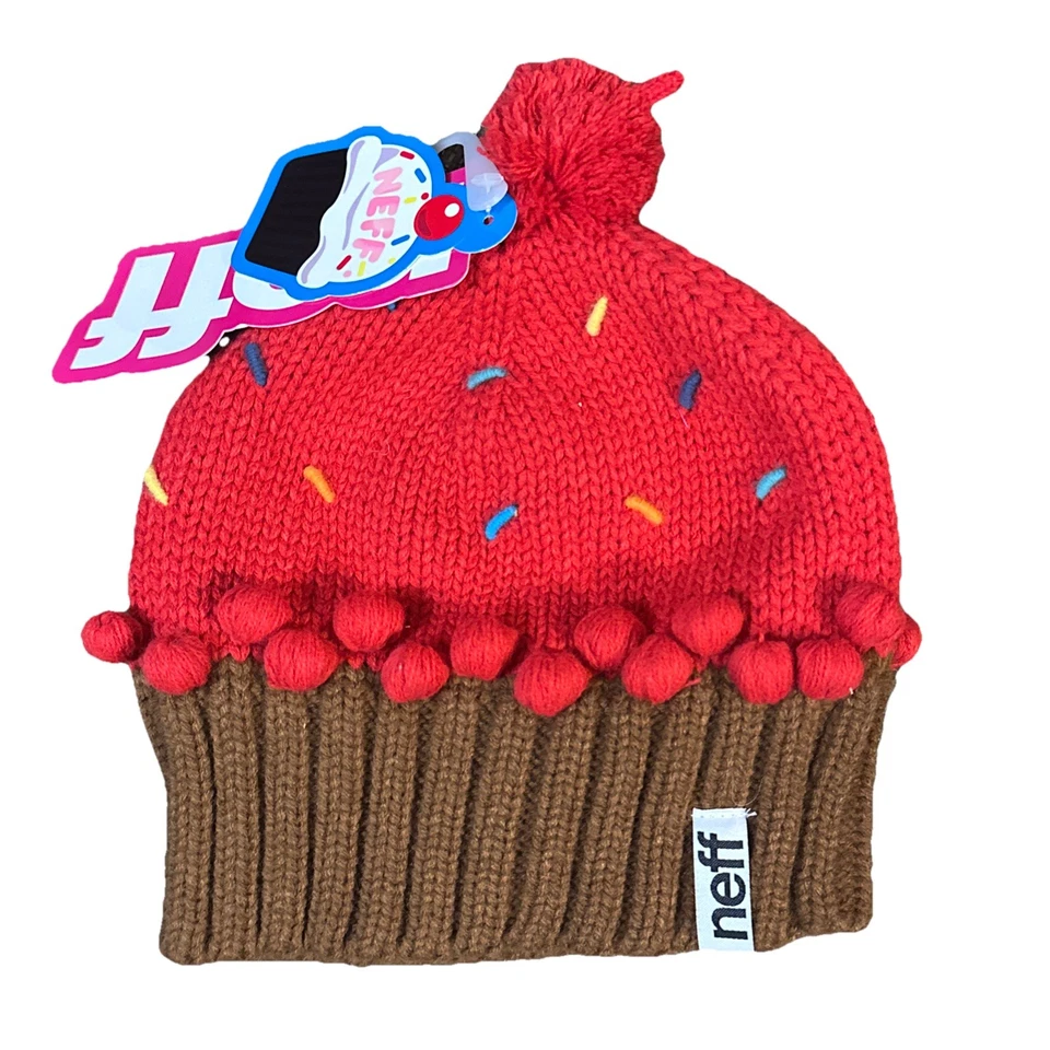 Gorro para mujer Cupcake tejido ganchillo sombrero rojo cereza talla única nuevo con etiquetas Neff Foto 2 de 4
