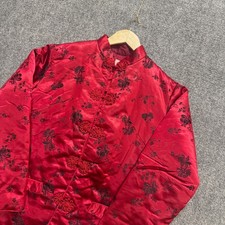 VTG Traditional Kimono Men's Medium Button Up Floral Embroidered Red