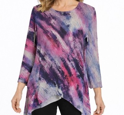 Jess & Jane Womens Crepe Sweater Size S Purple Blue Abstract Asymmetrical Artsy
