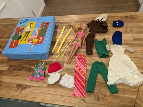 Vintage Blue 1960s- Barbie Doll With Case & CLOTHES