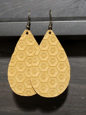GENUINE Leather Teardrop Earrings Mustard Yellow Bee Hive Embossed 2.5''