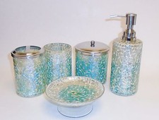 5 PC SET BLUE+SILVER GLASS MOSAIC TUMBLER+DISPENSER+SOAP DISH+TOOTHBRUSH+JAR