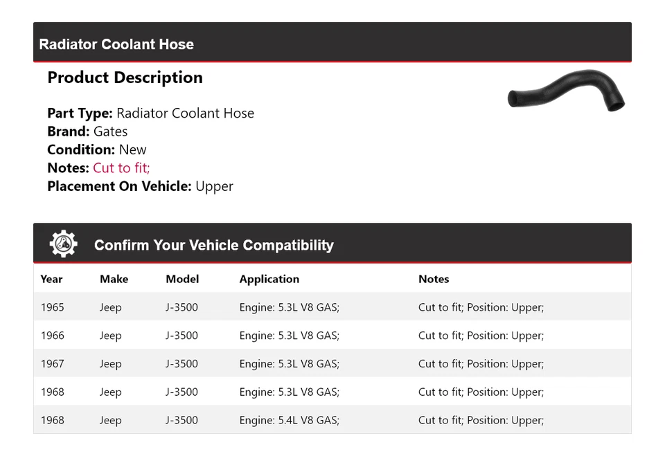 Manguera de refrigerante de radiador puertas superiores 1966 1967 para Jeep J-3500 1965-1968 Foto 2 de 4