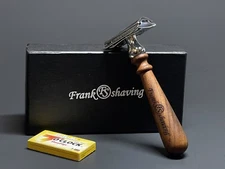 WOOD HANDLE DOUBLE EDGE SAFETY RAZOR FOR MEN+5 SHAVING BLADES FRANK SHAVING / FS