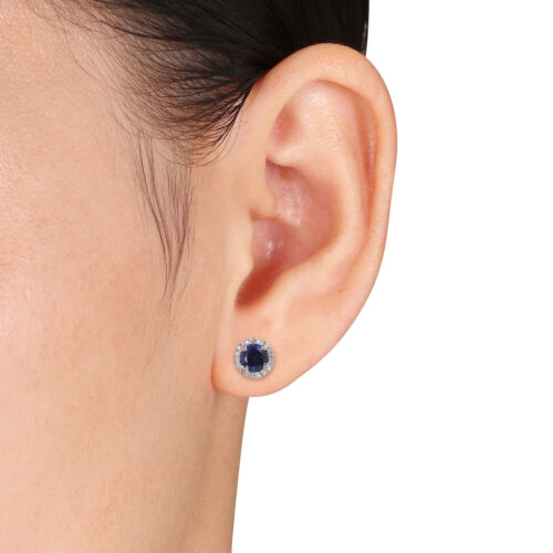 Amour Sterling Silver Created Blue Sapphire and Diamond Halo Earrings - Picture 3 of 4