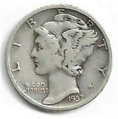 1937 S  Mercury Dime circulated 90% Silver Fine F to Very Fine VF