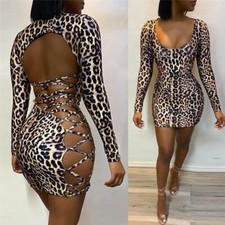 Sexy Women Leoapard Print Bandage Backless Hollow Out Bodycon Slim Dress