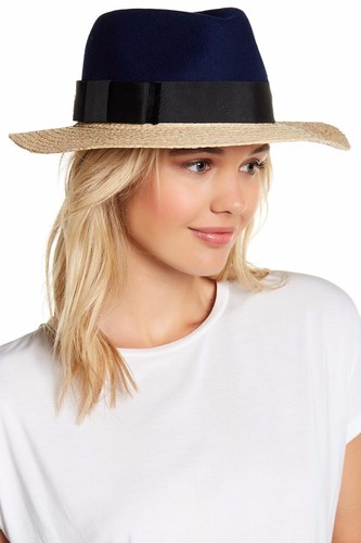 Wool Crown Straw Brim Fedora Navy 