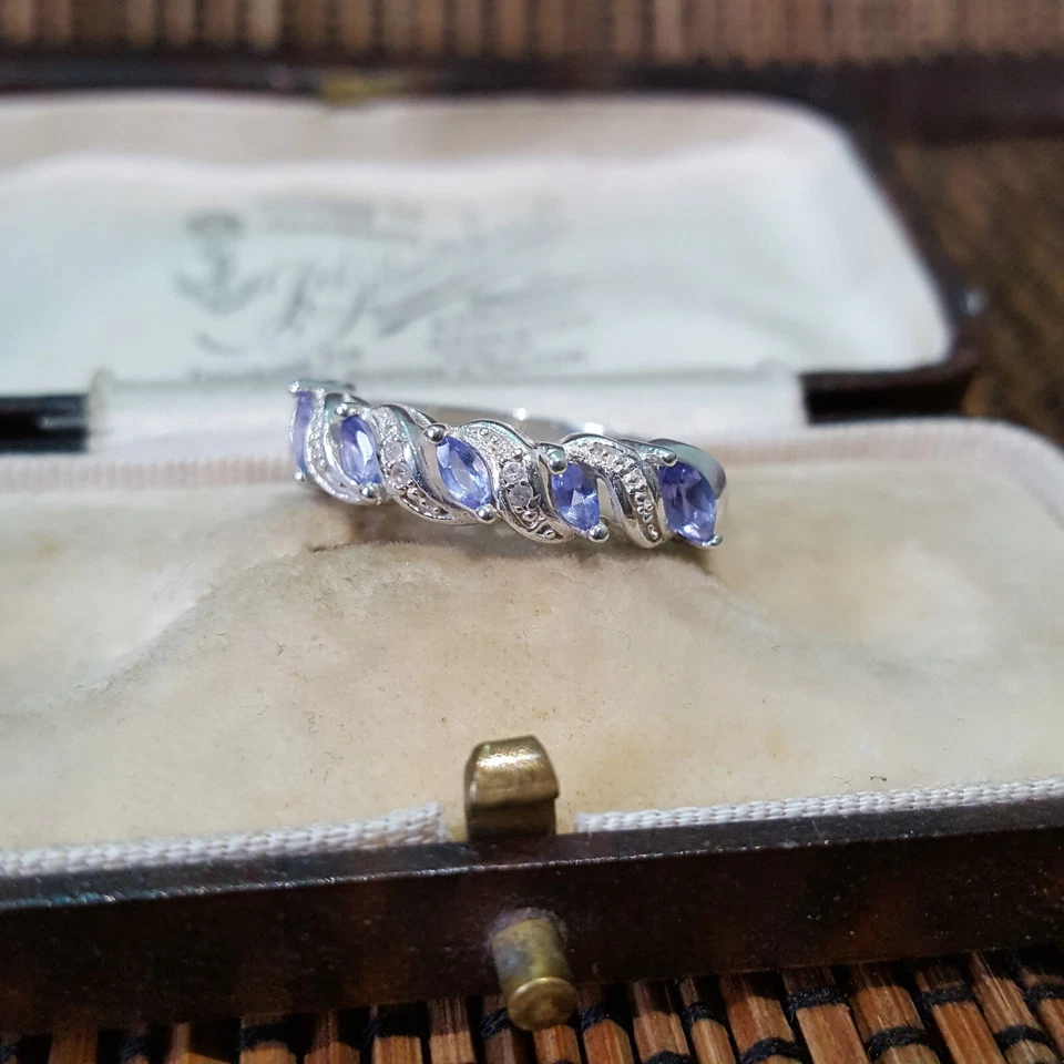 Anillo de plata de ley 925, banda de tanzanita genuina, talla P EE. UU. 7,5 Foto 4 de 4
