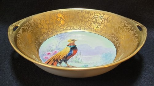 Antique 1922 Hand Painted Pickard Etched China Bowl Bird of Paradise Gold Gilt - Picture 2 of 8