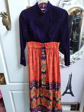 1960s 70s Maxi Empire Waist Purple Velvet Skirt Dress Edwardian Boho Psychedelic