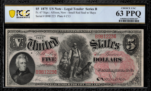 1875 $5 Legal Tender FR-67 - WOODCHOPPER - PCGS 63 PPQ Choice Uncirculated