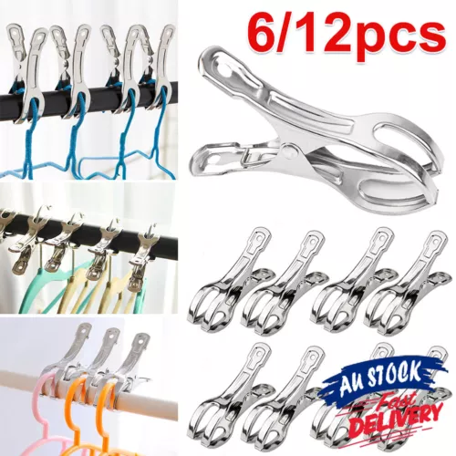 Set Large Stainless Steel Clamps Pegs Beach Clothes 6/12PCS Clips Towel Pins