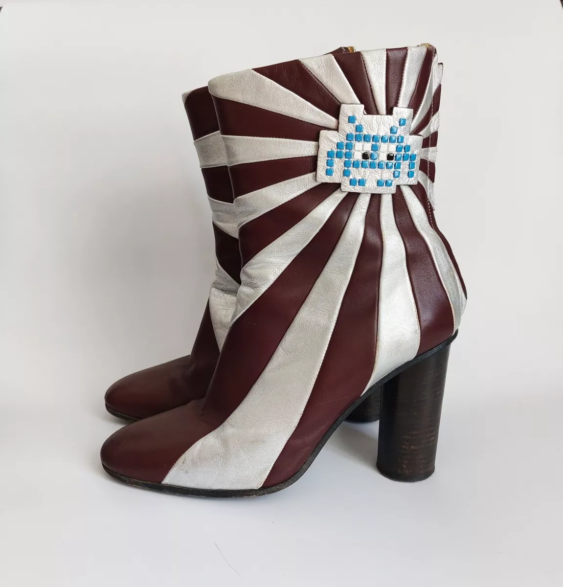 Anya Hindmarch Building Block Silver Burgundy Leather ankle block heel boots UK8