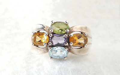 925 Sterling silver peridot aqua amethyst citrine topaz RING size 7-8 ...