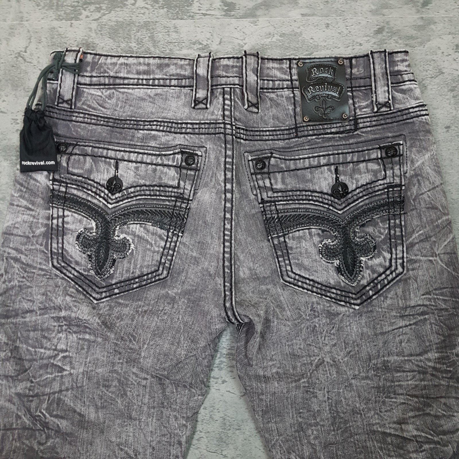 ROCK REVIVAL Mike Biker Tapered Distressed Jeans Mens Size 34x34 Grey Black