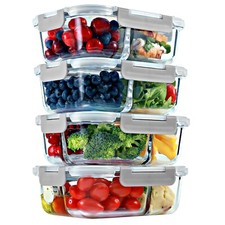 2  3 Compartment Glass Meal Prep Containers with GRAY Lids 4 Pack, 32 oz 