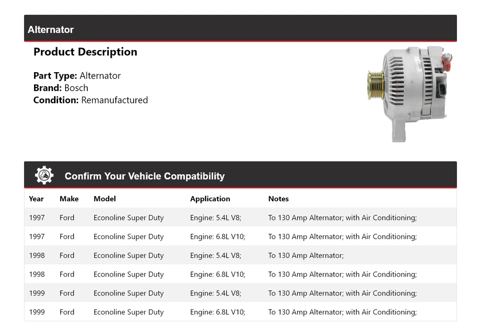 Генератор переменного тока (восстановленный) 1998 для Ford Econoline Super Duty Bosch 1997-1999 годов выпуска - Изображение 2 из 4
