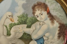 PORTRAIT MINIATURE ANCIEN LEDA ET LE CYGNE ANTIQUE PAINTING ON PARCHMENT