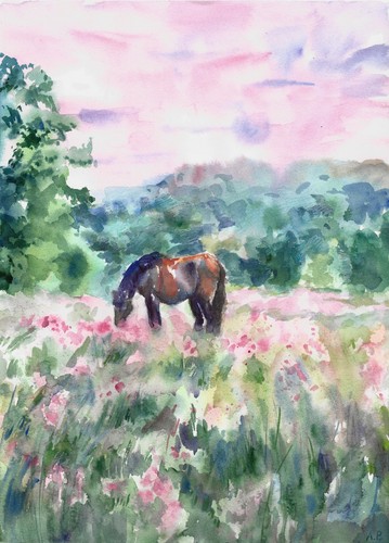 original painting 30 x 40 cm 19PtA artwork watercolor horse in the meadow