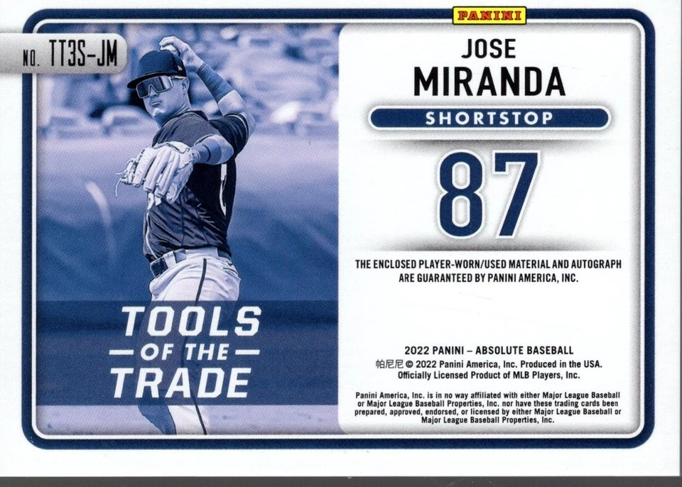 2022 Absolute Tools of the Trade 3 Swatch Sig Jose Miranda Auto Jersey /199 BB - Image 2 of 2