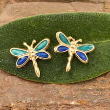 14k Yellow Gold Enameled Dragonfly Studs/Stud Earrings