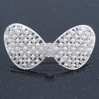 Braut Hochzeit Abschlussball silberfarbene simulierte Perle Diamant ''klassische Schleife'' Haarspange