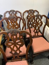 Antique Dining Chairs Set of 6 with Carved Wood and Upholstered Seats - Z#1008