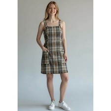 American Eagle Plaid Pinafore Mini Dress Brown Large Made in Italy Preppy Grunge