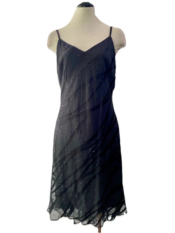 Vintage 90s NWT Eva Blue Black Slip Dress Sequin Stripe Beaded Hi Low  Midi S/M - Image 2 of 4