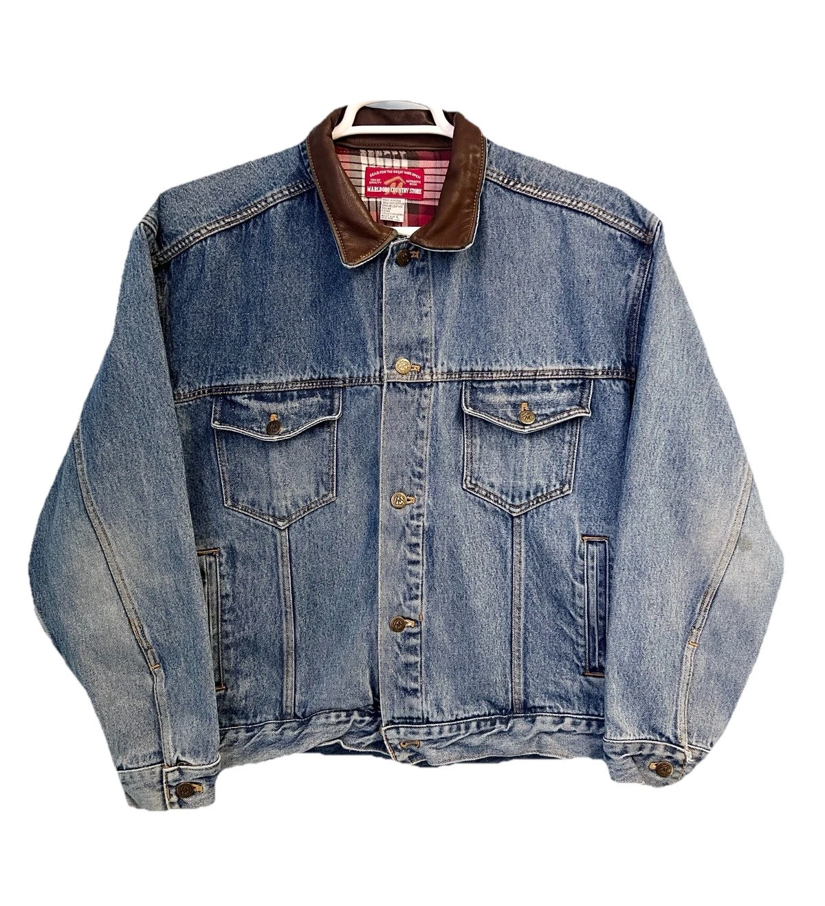 Vintage Marlboro Country Store Denim Jacket Leather Collar Plaid Lined Trucker