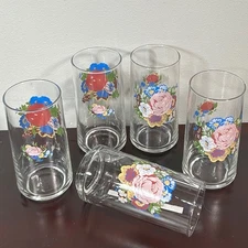 Set of 5 Tabletops Unlimited Tumbler Glasses Flowers Clear Glass Drinkware Vtg