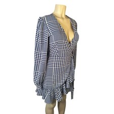 NWT Women XS Leyden Houndstooth Printed Blue Wrap Dress Balloon Long Slv