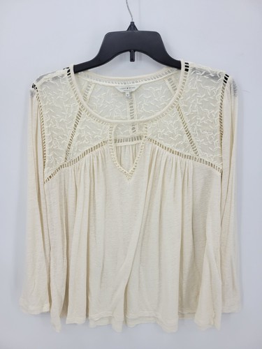 Top Lucky Brand para mujer mediano marfil encaje inserción cottagecore manga campana boho - Imagen 2 de 11