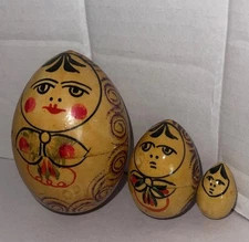 Russian Nesting Doll Egg-Shaped Wooden Hand-painted Set of 3 Vintage 3” Tall