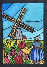 ACEO Original, Tulip Festival, Holland Dutch Landscape Ink Painting, B.Gauthier