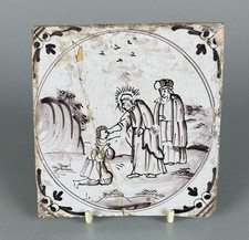 Delft 18thC Biblical Scene Tile Painted In Manganese. Probably London. c1730-60
