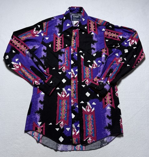 Vintage Wrangler Brushpopper Shirt Men's 15 34 Purple Aztec Cowboy Cut Long Tail
