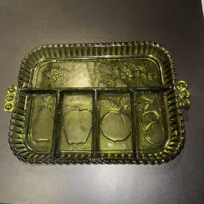 Vintage Avocado Green Divided Glass Relish Tray Grape Fruit Serving Dish 12 