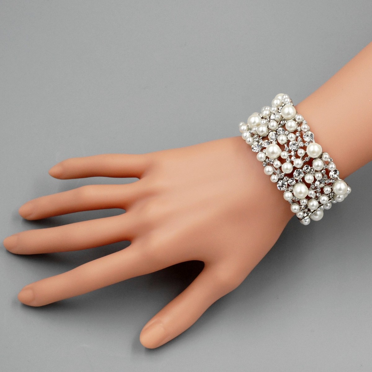 Vintage Style Pearl Rhinestone Stretch Bracelet Wide Cuff Wedding Jewelry Gift View 3