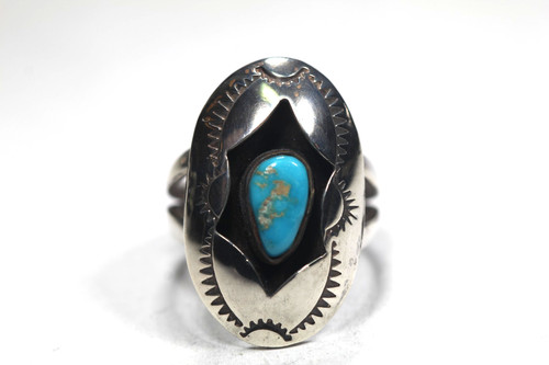 Vintage Navajo Signed "RST" Sterling Silver Turquoise Shadow Box Ring Size 6