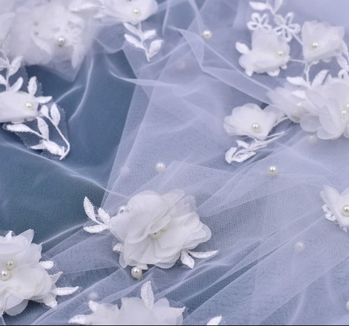 Bridal Chapel Veil white 3D Luxury Floral Scattered Pearls Soft Tulle 200cm - Picture 7 of 7