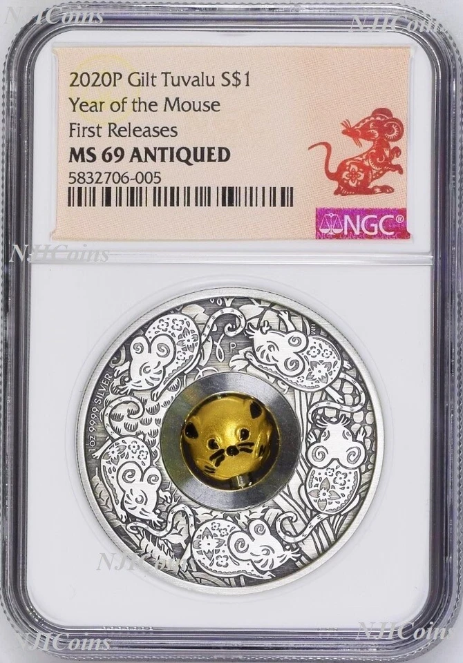 RARE NGC ERROR 2020 LUNAR Year of the MOUSE 1oz $1 Silver Rotating Charm Coin - Image 2 of 4