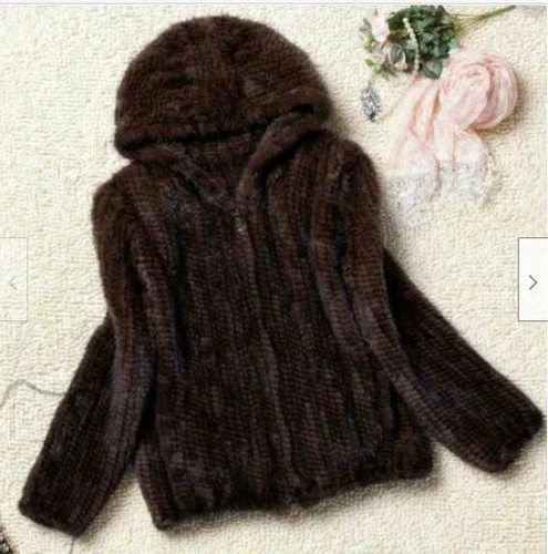 Chic Womens Mink Fur Hood Coat Jacket Casual 100% Real Genuine Knitted Outwear