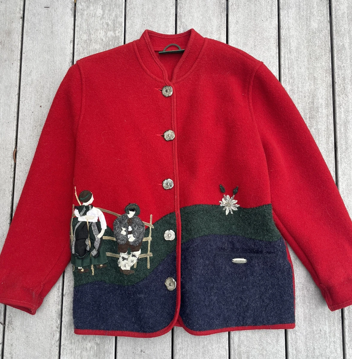 GIESSWEIN Austria Boiled Wool Jacket Red Applique Shepard Hikers 42 12 unique