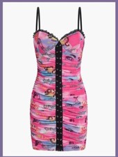 New Pink Skull Print Ruched Mesh Tube Mini Dress S